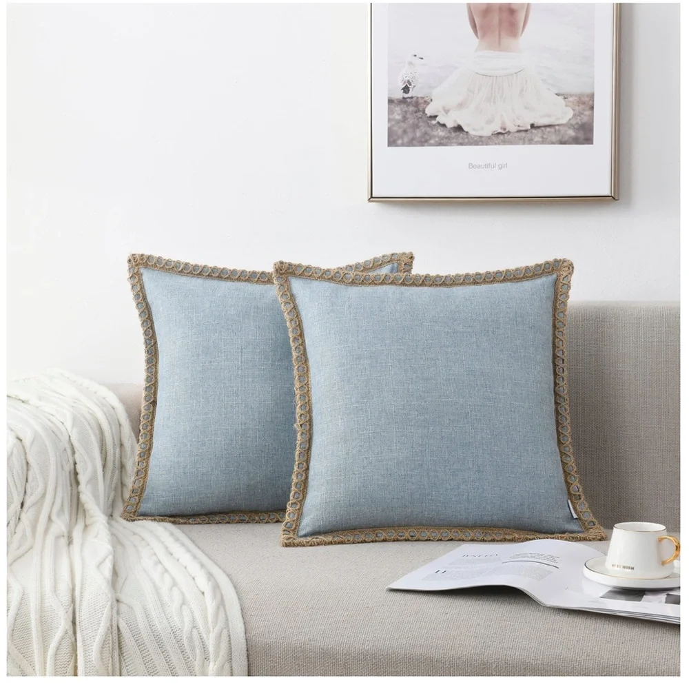 Blue LINEN Pillow Covers with Tan BURLAP Trim SQUARE 18x18” (2-Pack)